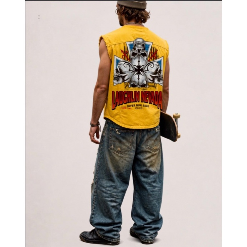 Vintage 2003 Laughlin River Run Rally Biker Vest Cutoff Shirt Yellow XL